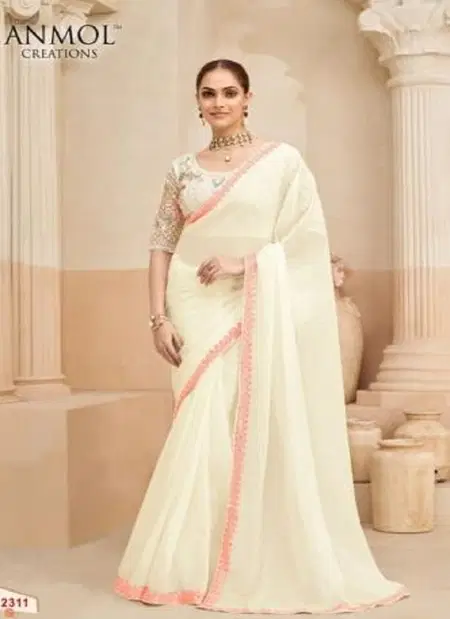 Off White Colour Kaina Vol 4 By Anmol Georgette Shimmer Party Wear Designer Work Sarees Wholesale Market Surat 2311